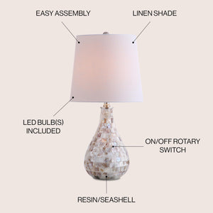 Seashell Coastal Mini LED Table Lamp with White Linen Drum Shade