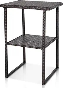 Outdoor Wicker Bar Table – Counter Height Patio Pub Table with Storage Shelf