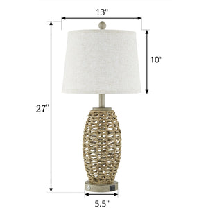 Natural Rattan Table Lamps Set of 2 – Dimmable Touch Control, USB Charging, Oatmeal Shade