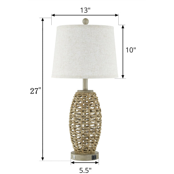 Natural Rattan Table Lamps Set of 2 – Dimmable Touch Control, USB Charging, Oatmeal Shade