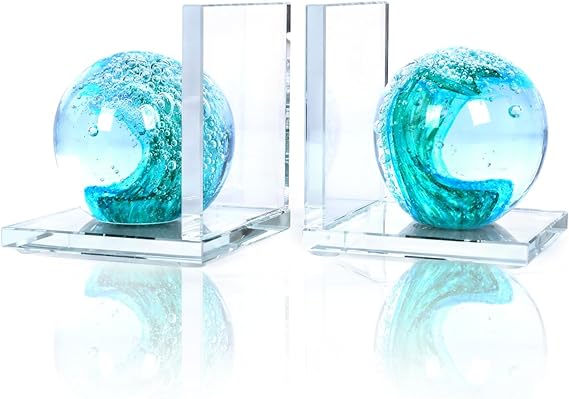 Glass Sea Wave Bookends Set of 2