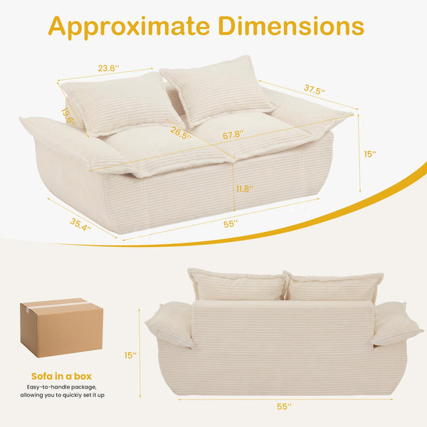 59" Boneless Loveseat Sofa – 2-Seater with Removable Cushions & Throw Pillows