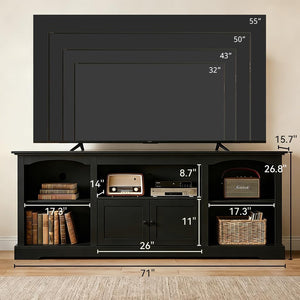 LUCKLIFE 71" TV Stand for TVs up to 80 Inch,Modern Farmhouse Entertainment Center with Arched Cabinet Doors & Open Adjustable Storage Shelves,Media Console Table for Living Room (Black, 71 inch)