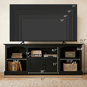 LUCKLIFE 71" TV Stand for TVs up to 80 Inch,Modern Farmhouse Entertainment Center with Arched Cabinet Doors & Open Adjustable Storage Shelves,Media Console Table for Living Room (Black, 71 inch)