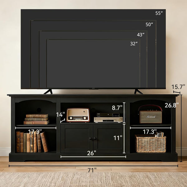 LUCKLIFE 71" TV Stand for TVs up to 80 Inch,Modern Farmhouse Entertainment Center with Arched Cabinet Doors & Open Adjustable Storage Shelves,Media Console Table for Living Room (Black, 71 inch)