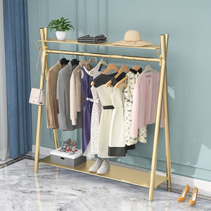Clothes rack Gold, Freestanding Industrial Garment Rack with Double shelves Multi-functional Bedroom Hanging Clothing Rack,Heavy Duty Movable Coat Rack for Organizing Clothes and Shoes (59'' L)