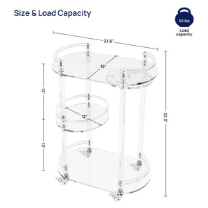 3-Tier Acrylic Rolling Bar Cart with Glass Holder