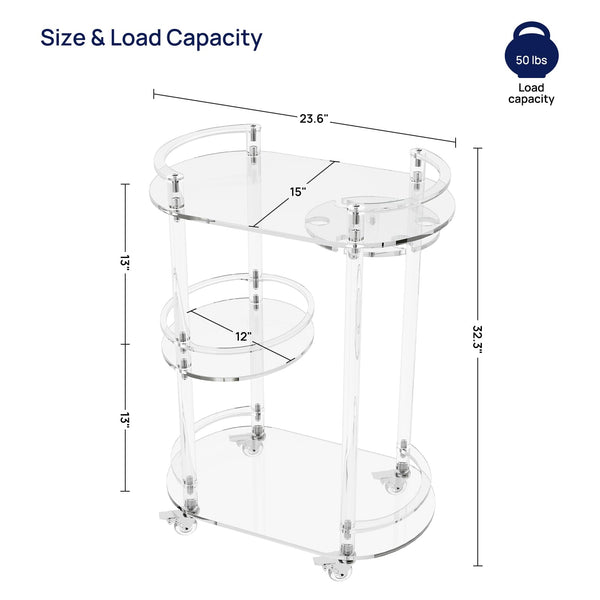 3-Tier Acrylic Rolling Bar Cart with Glass Holder