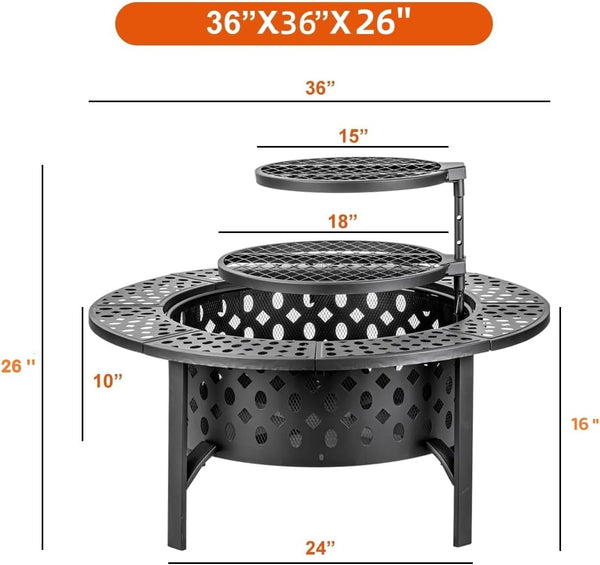 36" Round Wood Burning Fire Pit with Grill, Lid & Cover – 3-in-1 Outdoor Firepit Table