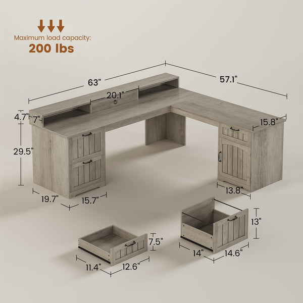 63" L-Shaped Desk with Drawers, Monitor Stand & Storage Cabinet
