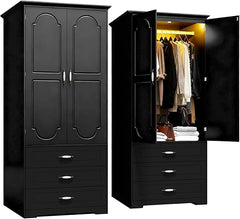 Armoire Wardrobe Closet with Drawers, LED Light & Hanging Rod