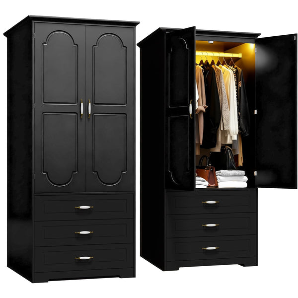 Wooden Wardrobe Closet with 3 Drawers, LED Light & Hanging Rod