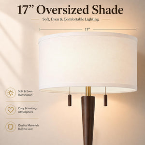 Solid Oak Wood Floor Lamp — 62.8", 2-Light Pull Chain, 17" Drum Shade, 2 LED Bulbs