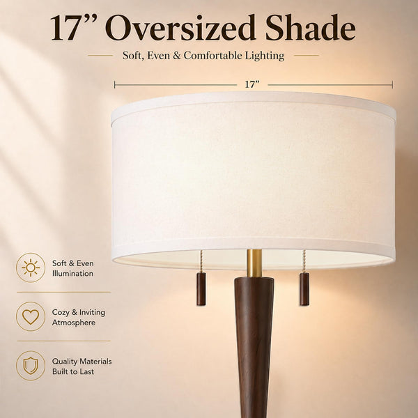 Solid Oak Wood Floor Lamp — 62.8", 2-Light Pull Chain, 17" Drum Shade, 2 LED Bulbs