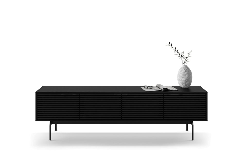 Low Profile TV Stand with Louvered Doors & Soundbar Shelf – Fits TVs up to 85"