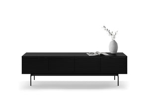 Low Profile TV Stand with Louvered Doors & Soundbar Shelf – Fits TVs up to 85"