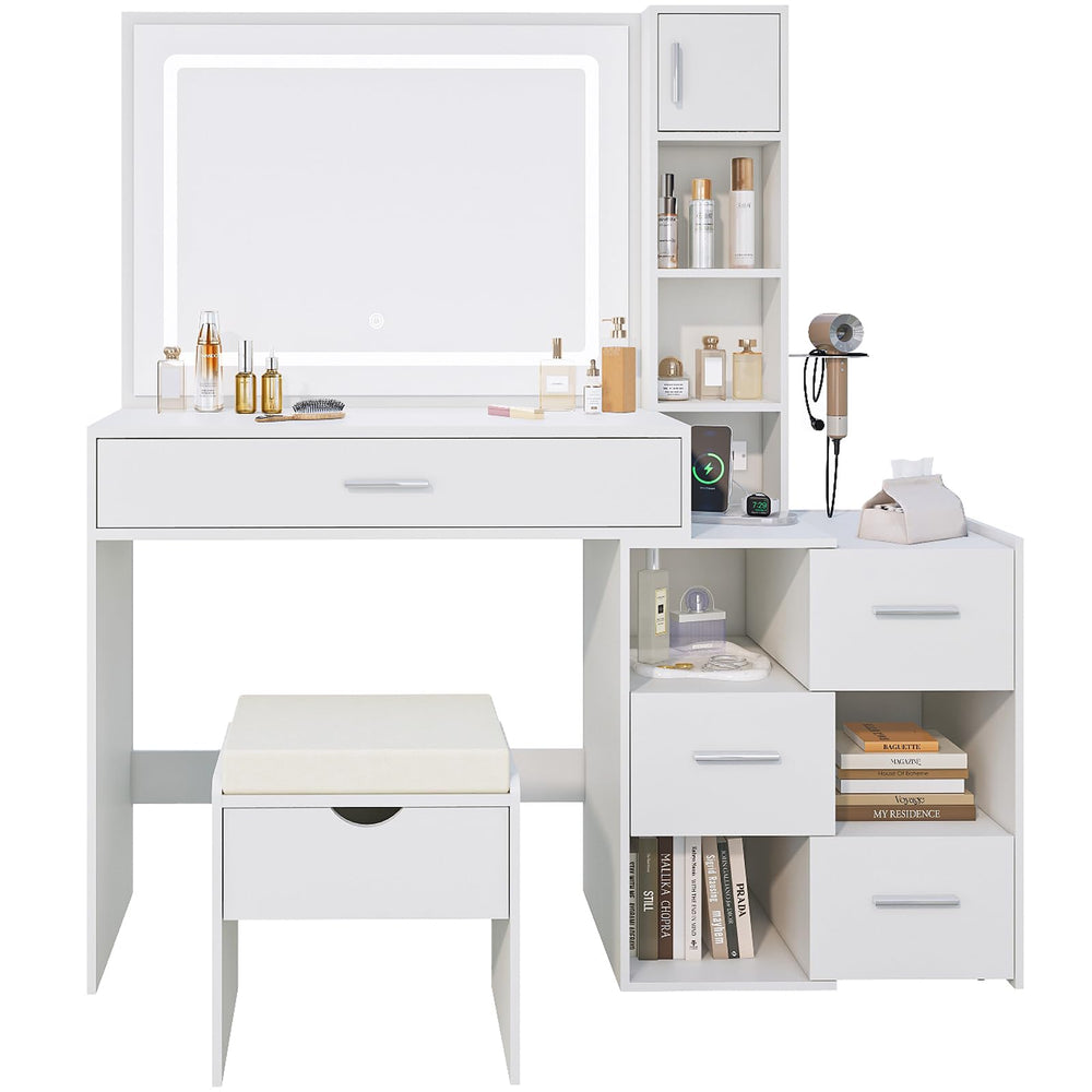LED Lighted Vanity Desk with Sliding Cabinet, Drawers & Storage Stool