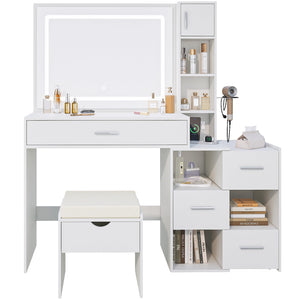 LED Lighted Vanity Desk with Sliding Cabinet, Drawers & Storage Stool