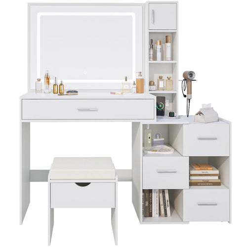 LED Lighted Vanity Desk with Sliding Cabinet, Drawers & Storage Stool