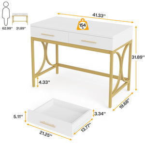 41-Inch Computer Desk with 2 Drawers – White & Gold