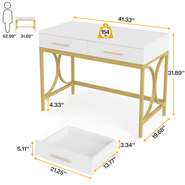 41-Inch Computer Desk with 2 Drawers – White & Gold