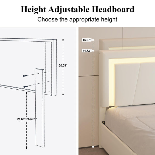 Upholstered Platform Bed Frame with LED Headboard, Storage Drawers & Charging Station
