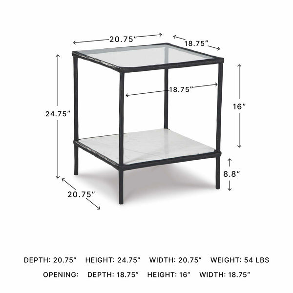 Glass Top Metal Accent Side Table with Marble Shelf