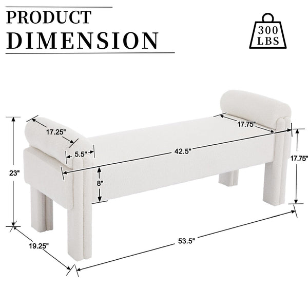 Upholstered Ottoman Bench, Sherpa Boucle, Solid Wood Frame, 53.5" Long