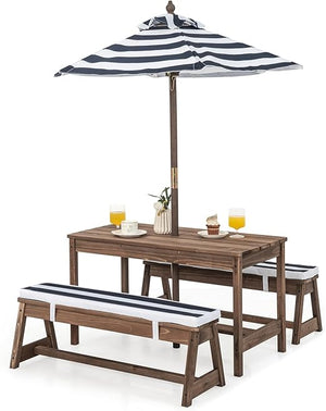 Kids Outdoor Wooden Picnic Table & Bench Set with Umbrella