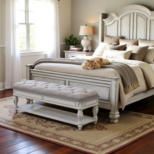 Upholstered Bedroom Bench with Storage Shelf