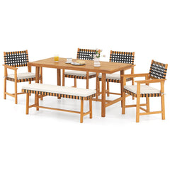 6-Piece Acacia Wood Outdoor Dining Set with Umbrella Hole, Bench & 4 Cushioned Armchairs