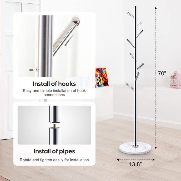 Freestanding Coat Rack with Marble Base & 8 Hooks — Silver