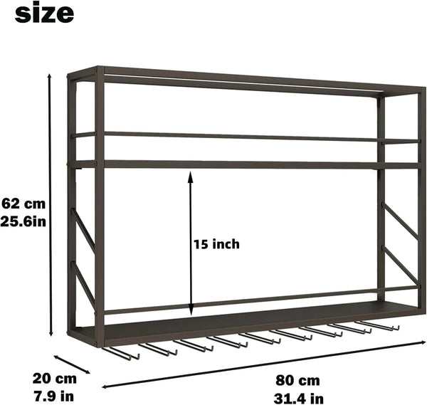 Wall Mounted 2-Tier Metal Wine Rack with Glass Holder