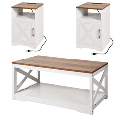 Farmhouse Coffee Table Set with 2 End Tables & Charging Station