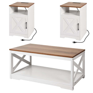 Farmhouse Coffee Table Set with 2 End Tables & Charging Station