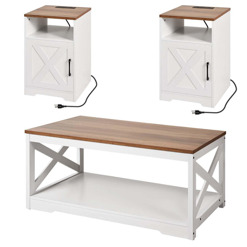 3-Piece Farmhouse Coffee Table Set with Charging Station