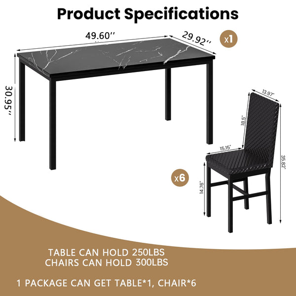 7-Piece Faux Marble Dining Table Set for 6 with PU Leather Chairs