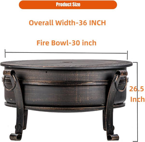 36-Inch Round Wood Burning Fire Pit with Grill, Lid & Cover