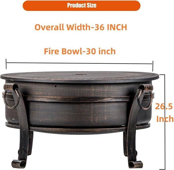 36-Inch Round Wood Burning Fire Pit with Grill, Lid & Cover