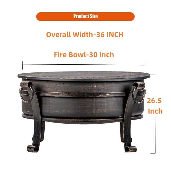 36-Inch Round Wood Burning Fire Pit with Grill, Lid & Cover
