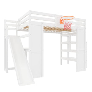Full Size Kids Loft Bed with Slide, Desk & Storage