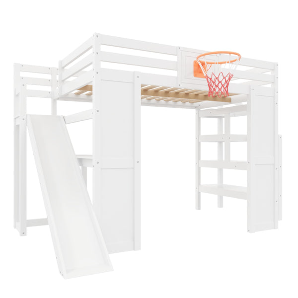 Full Size Kids Loft Bed with Slide, Desk & Storage