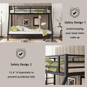 Twin XL over Queen Metal Bunk Bed with Ladders & Guardrail