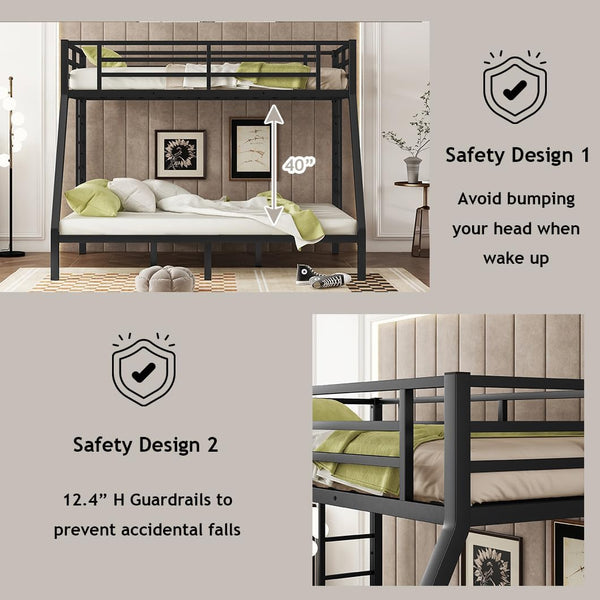 Twin XL over Queen Metal Bunk Bed with Ladders & Guardrail