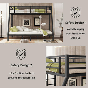 Twin XL over Queen Metal Bunk Bed with Ladders & Guardrail