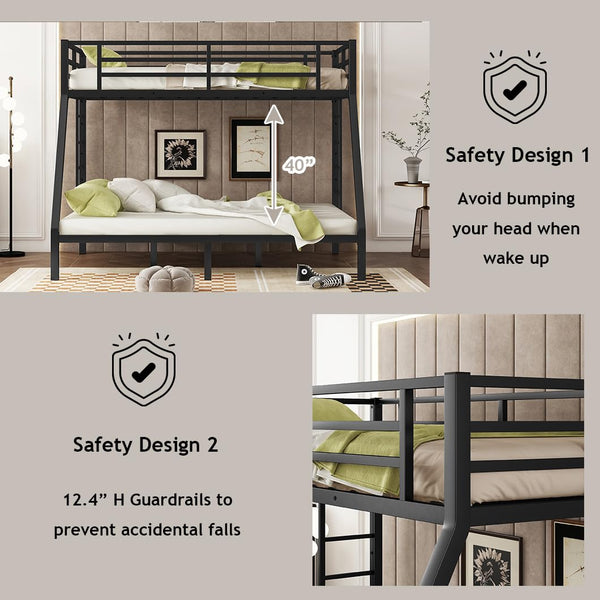 Twin XL over Queen Metal Bunk Bed with Ladders & Guardrail