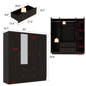 Wardrobe Armoire with Mirror, 5-Tier Shelves, 2 Drawers & 4 Doors