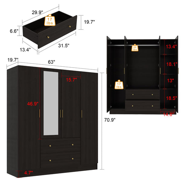 Wardrobe Armoire with Mirror, 5-Tier Shelves, 2 Drawers & 4 Doors