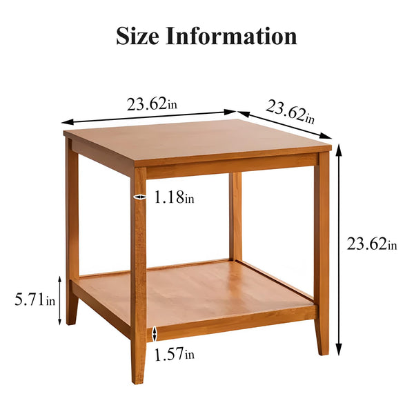 Solid Wood Square End Table with 2-Tier Storage Shelf
