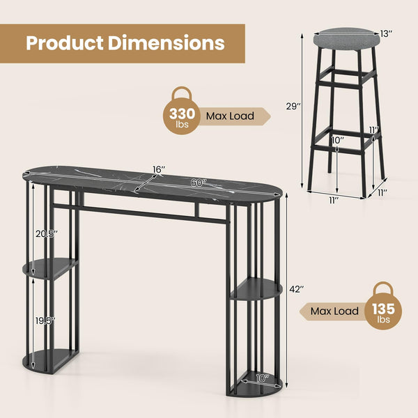 Bar Table Set for 2 with Storage Shelves & Barstools
